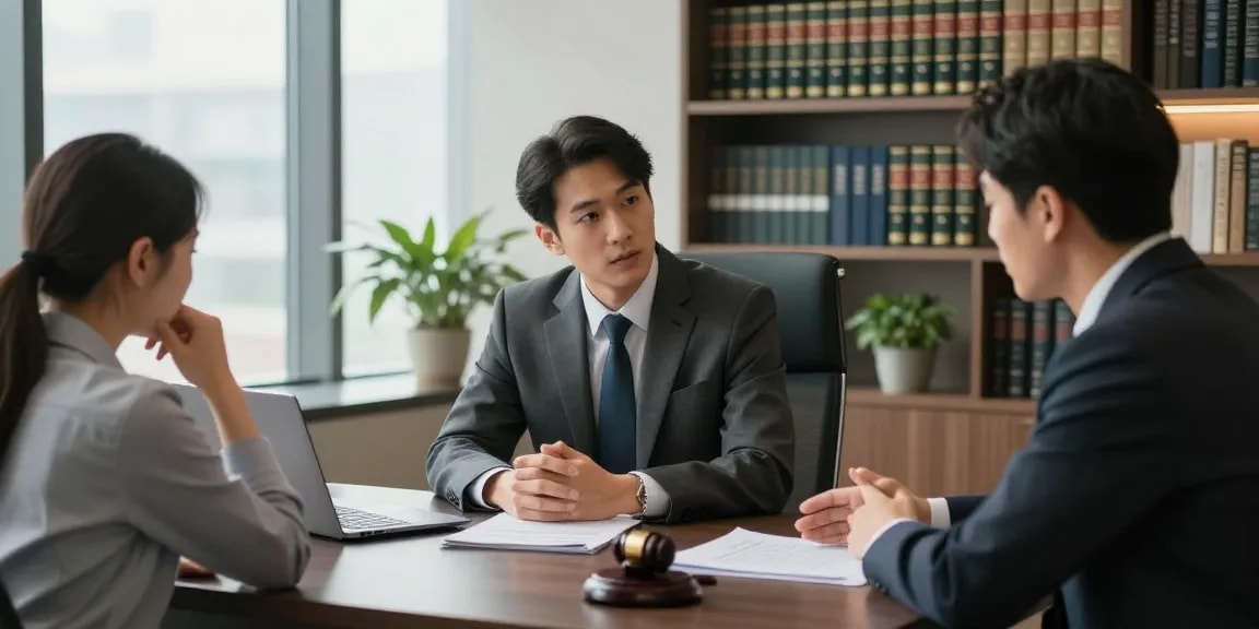 Lawyer consulting with a client for secret info on legal matters in a modern office.