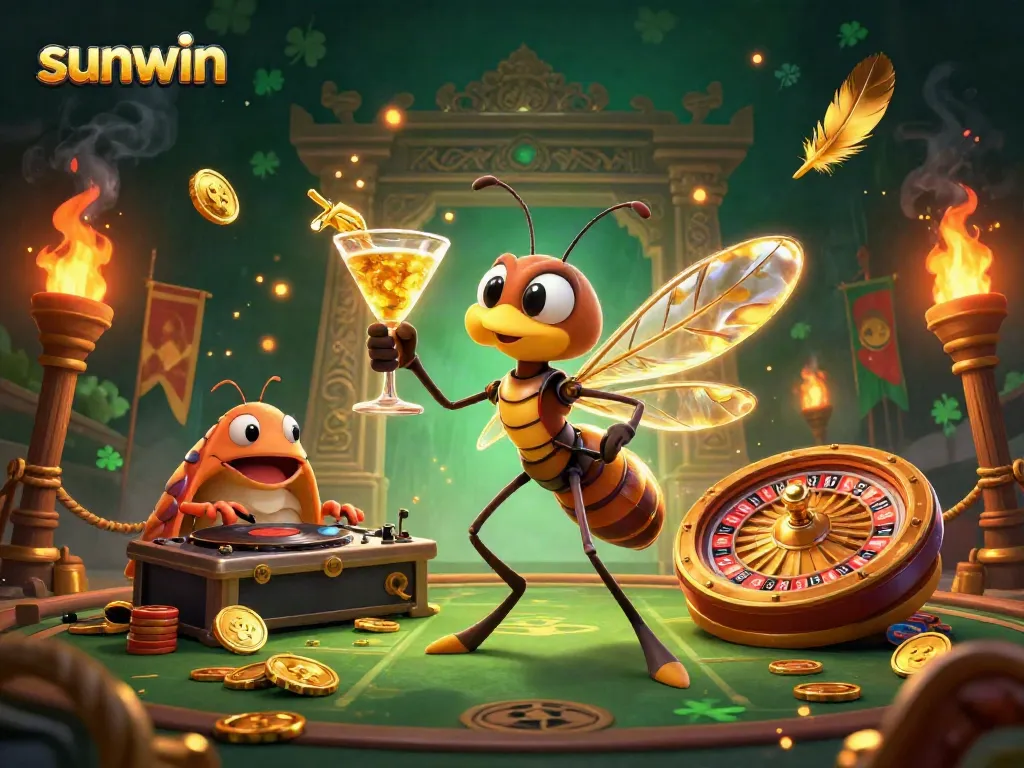 Engage in thrilling gameplay with sunwin's golden roulette wheel and festive characters in a vibrant casino setting.