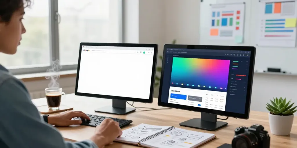 Marketer analyzing instant indexing strategies on dual monitors in a modern workspace.