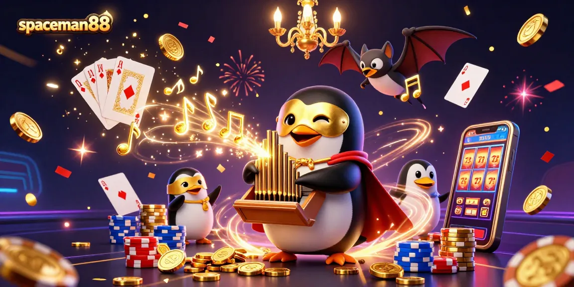 Experience the excitement of spaceman88 with a festive casino scene, featuring a penguin playing a golden pipe organ that showers coins.