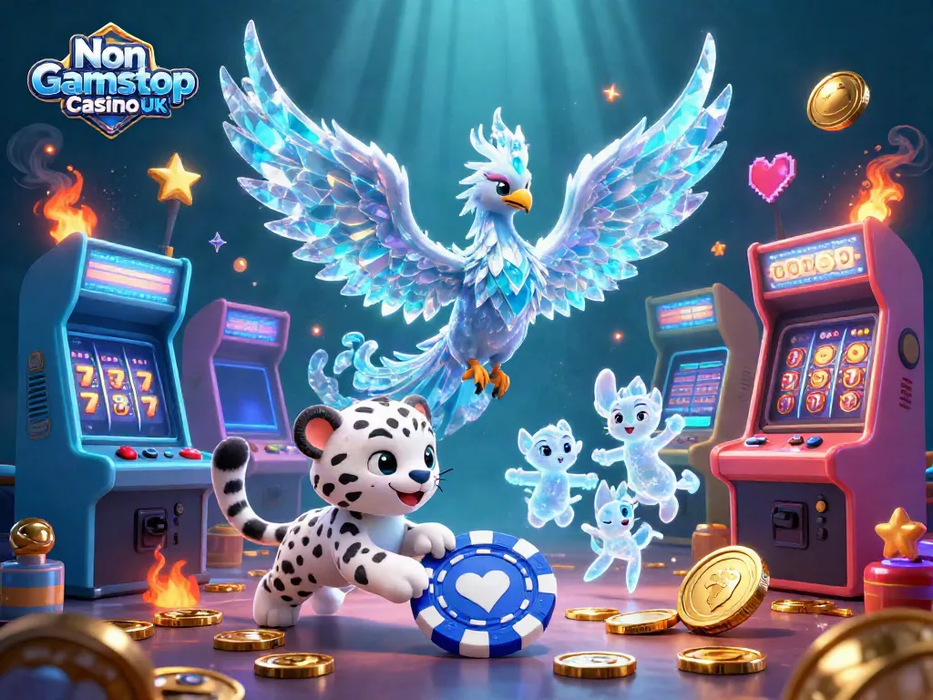 Engage with the vibrant Non Gamstop Casino UK scene featuring an ice phoenix, poker chip, and arcade machines.