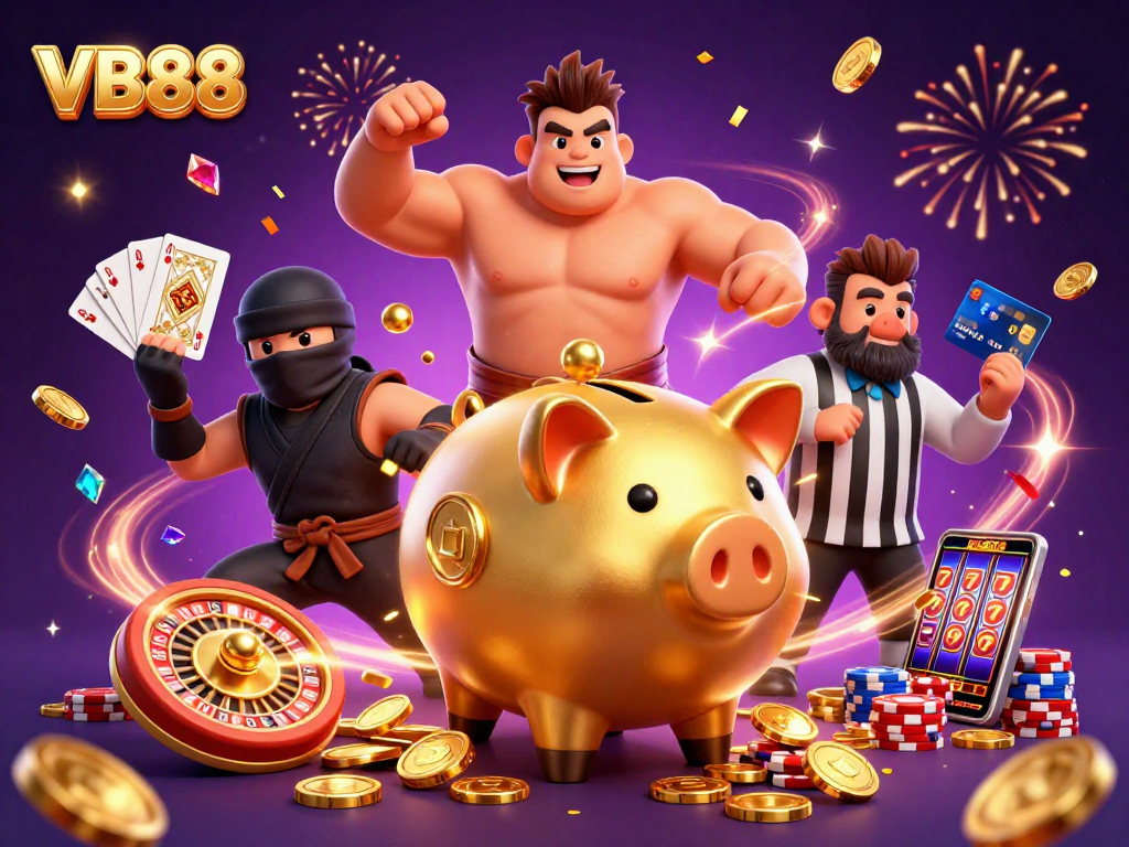 VB88 showcases an exciting casino scene featuring a golden piggy bank, a ninja, and a samurai amidst dynamic gaming elements.