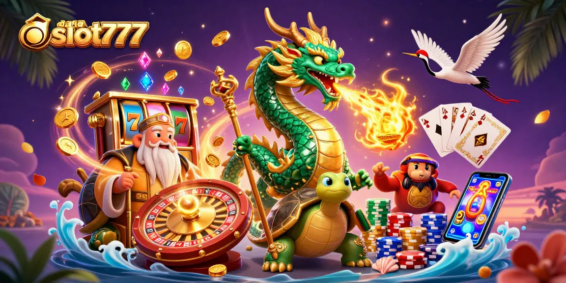 Experience daftar slot777 with vibrant 3D slot machine imagery, showcasing dragons and lucky symbols.
