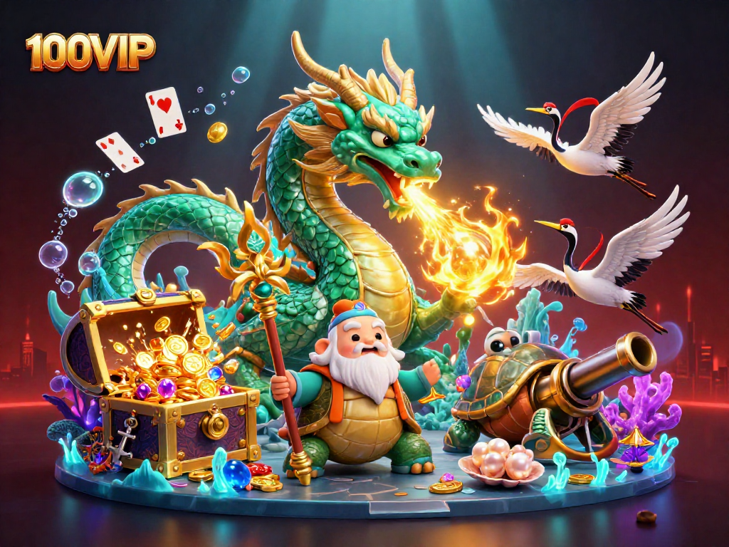 Experience thrilling gaming action with 100VIP's carnival of luck, featuring dragons and treasure.