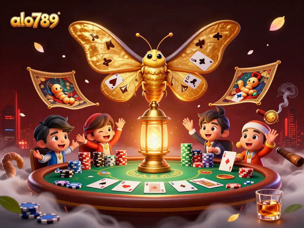 Engage in thrilling action at ALO789, where a captivating moth oversees an exciting casino scene, showcasing various games.