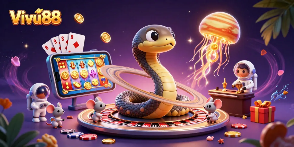 Engage in thrilling bets at Vivu88 with 3D cartoon characters amidst cosmic casino elements.