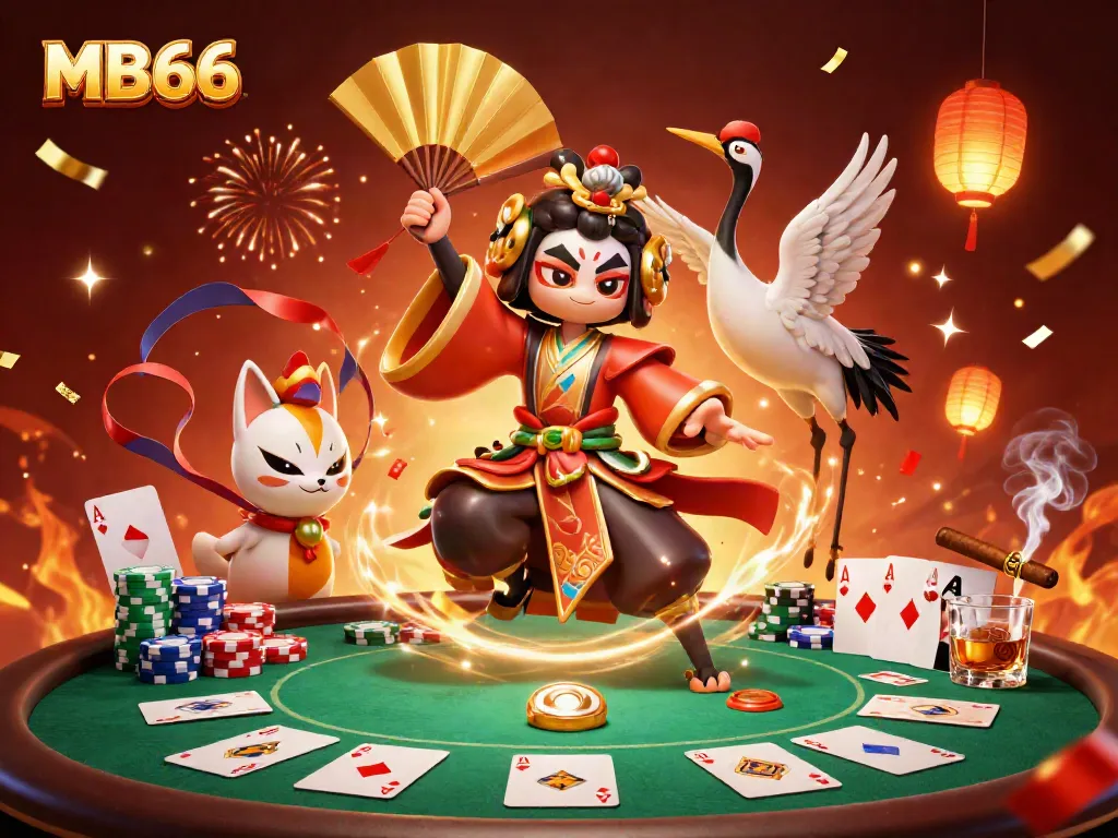 MB66 casino scene showcasing a kabuki warrior and kitsune mask amidst vibrant poker elements and festive fireworks.