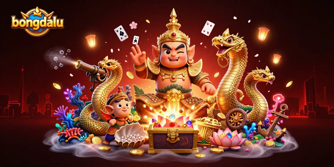 Engage with bongdalu's lively 3D action scene featuring vibrant casino elements and a guardian watching over players.
