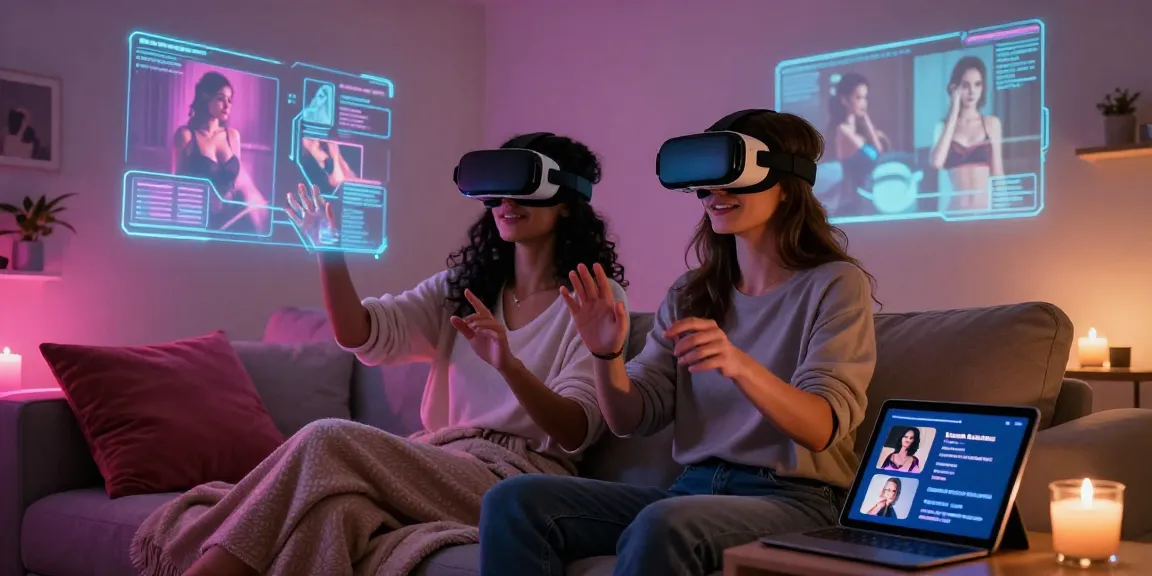 Couple engaging in AI sex exploration with VR headsets and interactive displays