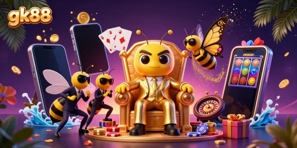 Experience the thrill of gk88 with a vibrant 3D casino scene featuring a bumblebee mob boss and exciting games.