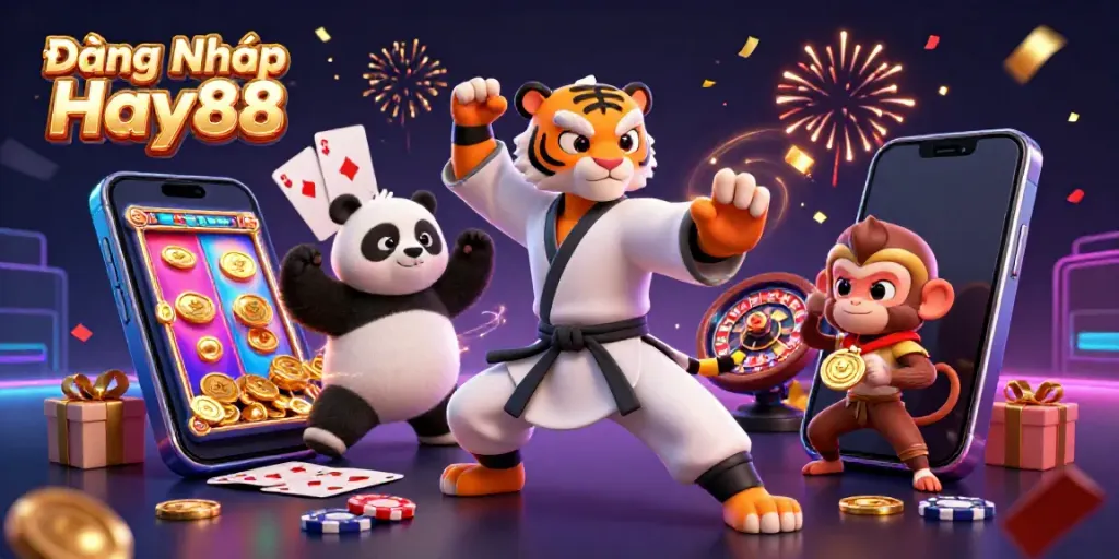 Engage with Đăng Nhập Hay88, dynamic casino scene featuring whimsical characters and gaming elements in vibrant detail.