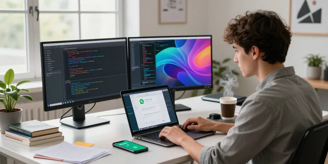 WhatsApp下載 in a modern tech workspace with developer and multiple code displays.