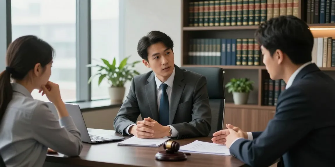 Lawyer consulting with a client for secret info on legal matters in a modern office.