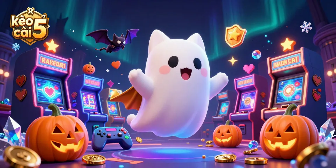 Engage with kèo nhà cái 5 in a vibrant haunted casino filled with slot machines and arcade games.