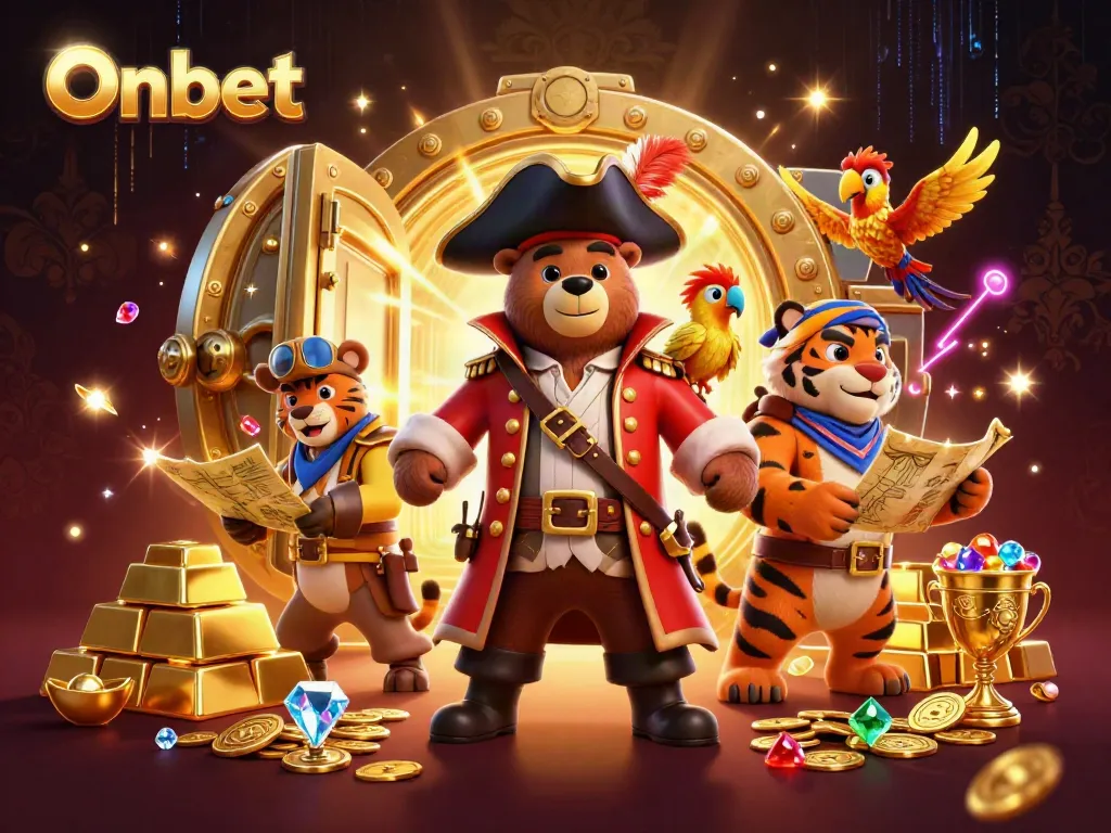 Experience jackpot thrills with Onbet's vibrant casino adventure featuring colorful characters and treasures.