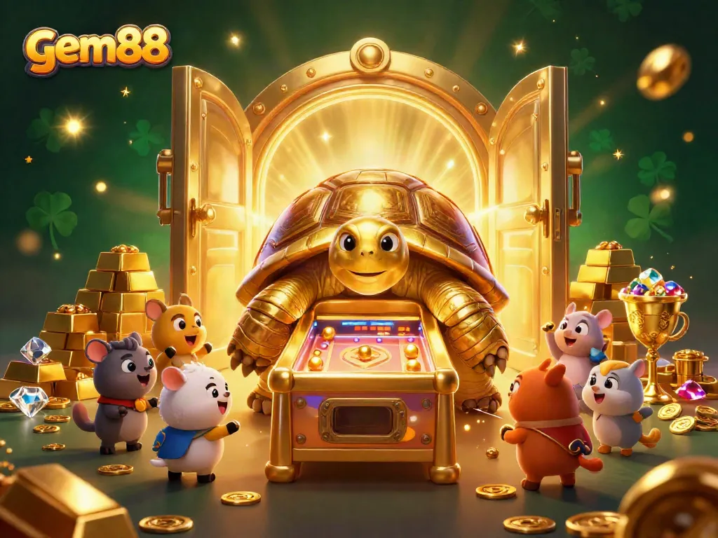 Experience the excitement of gem88 as joyful animals play on a colossal tortoise pinball machine filled with treasures.