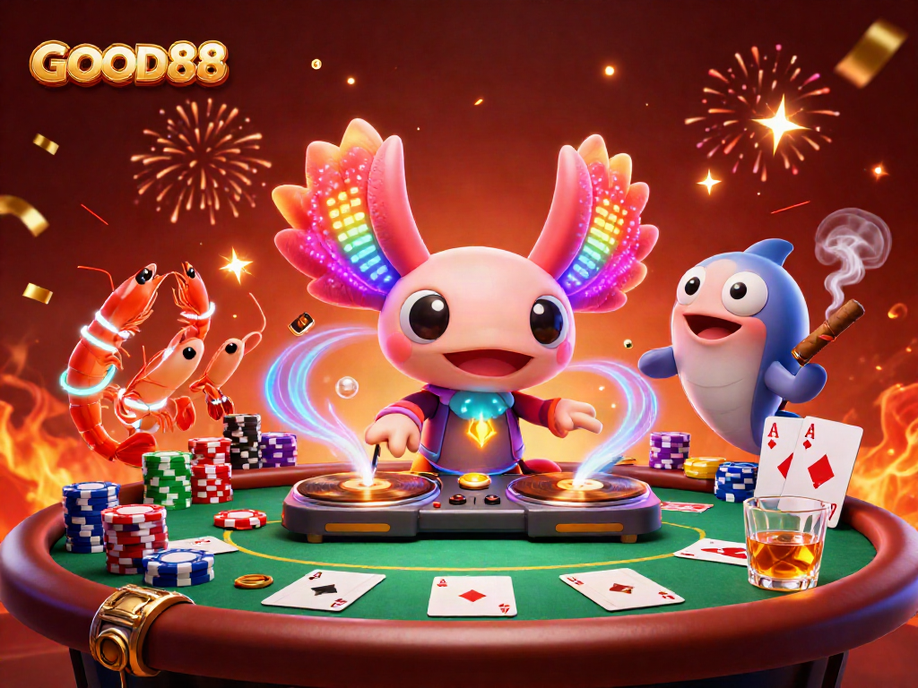 Engage in the thrill of GOOD88 with vibrant characters spinning records in a lively casino scene.