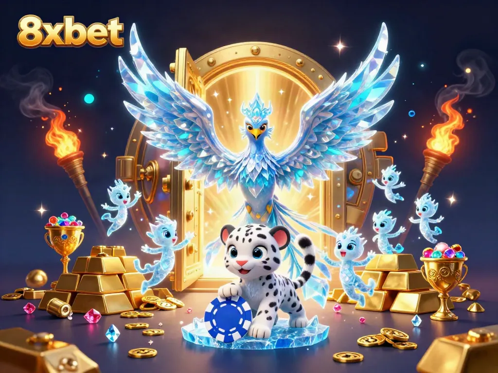 Experience dynamic gaming action with the stunning 8xbet ice phoenix illustration surrounded by riches.