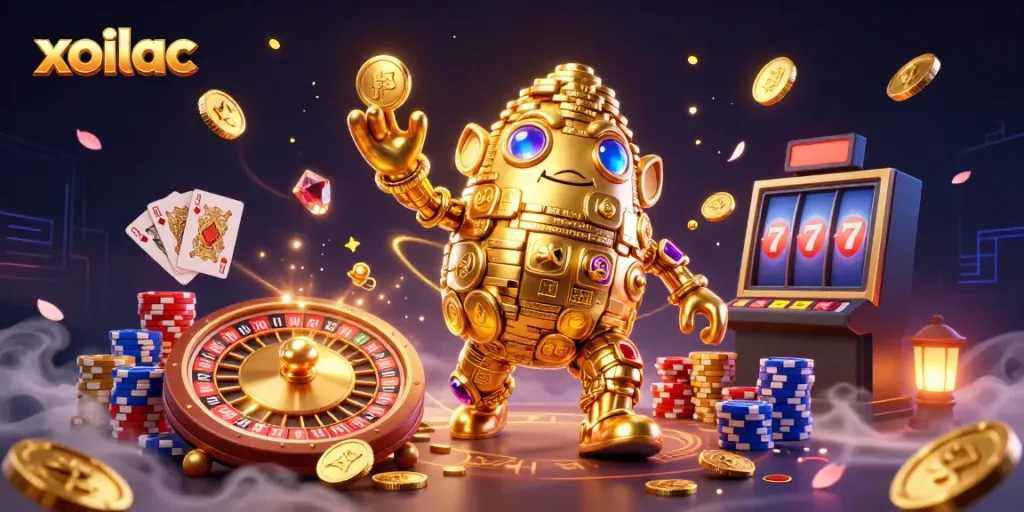 Engage with xoilac's dynamic casino scene featuring golden coins and a 3D golden golem.