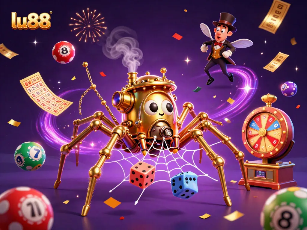 lu88 captures excitement in a rich casino scene with a golden spider and lottery vibes.