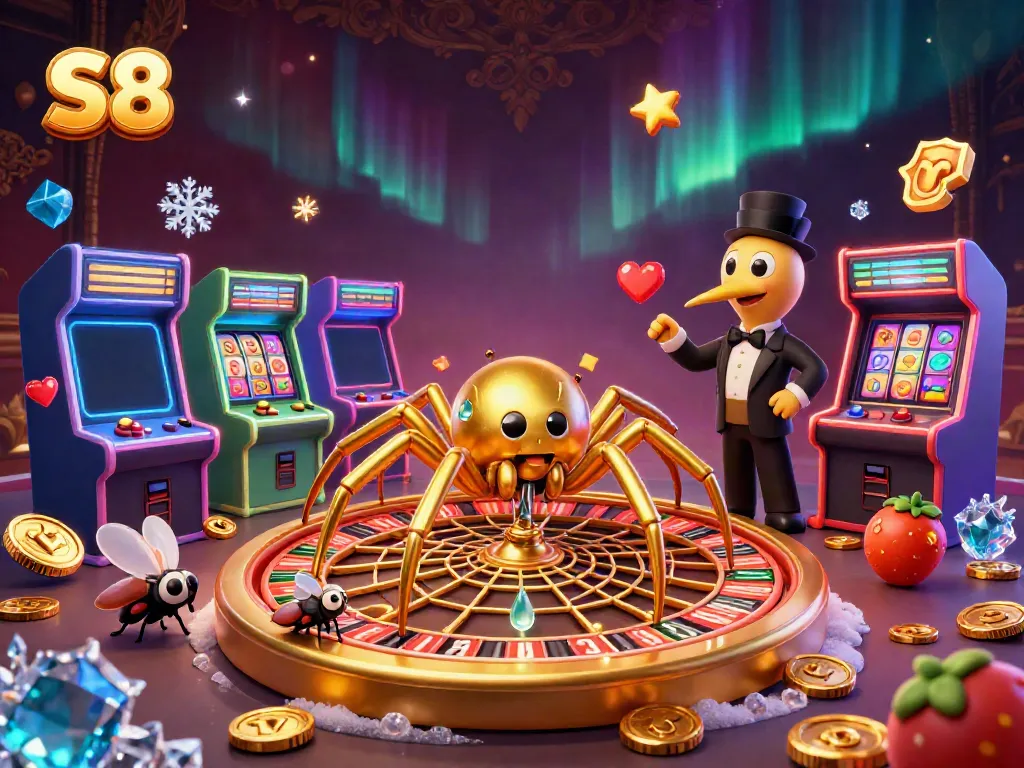 Experience S8's vibrant casino atmosphere with a playful spider and centipede in a dazzling roulette scene.