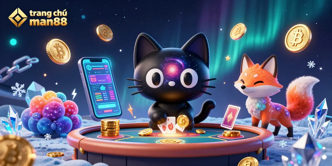 Engage in cosmic gaming at trang chủ man88 with a black hole cat and nebula fox in this vibrant illustration.