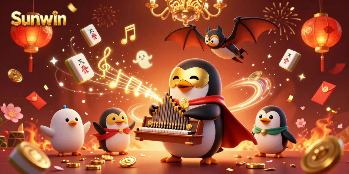 Play exciting casino games at Sunwin with the dynamic penguin and bat characters in vibrant celebration.