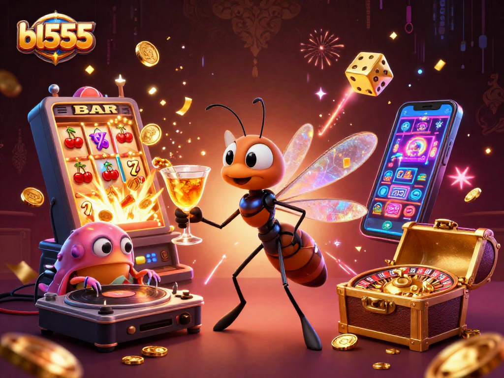 Experience the thrill of bl555 with a vibrant casino-themed 3D illustration showcasing unique characters.