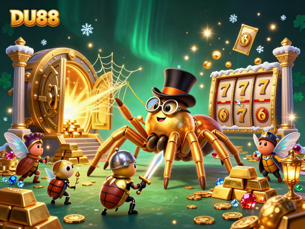 Experience DU88's thrilling casino adventure with a giant tarantula and fearless beetle knight.