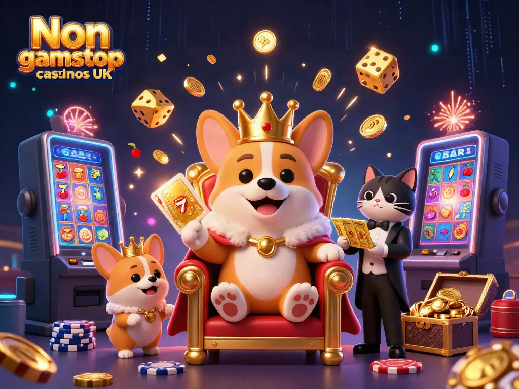 Experience excitement at Non gamstop casinos UK through a colorful 3D illustrated scene of royal corgi characters and casino elements.