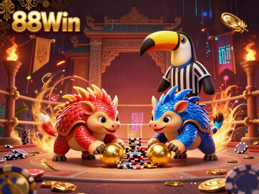 Engage in the thrilling action of 88Win with rival pangolins bowling poker chips in a vibrant casino arena.