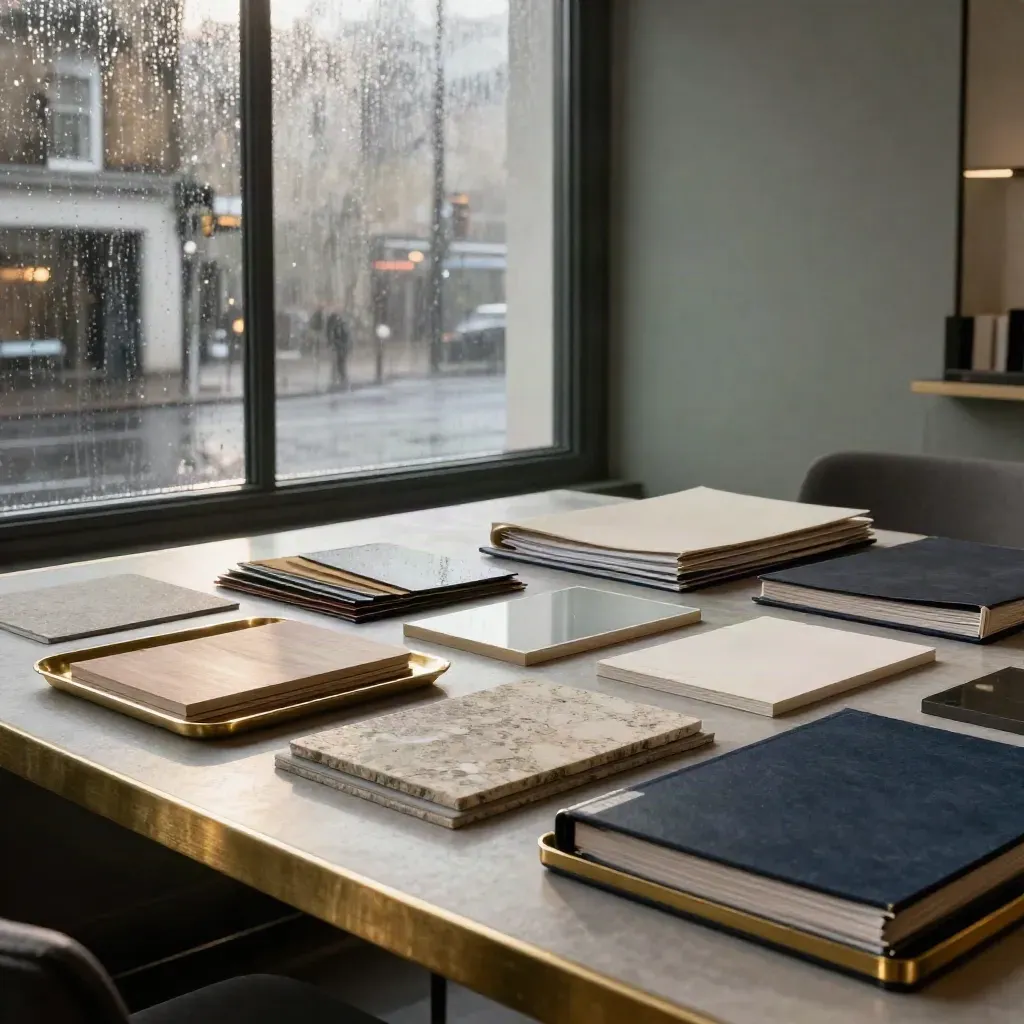 Rainy Gotham Group strategy studio with binders, brass trays and material samples by city lights