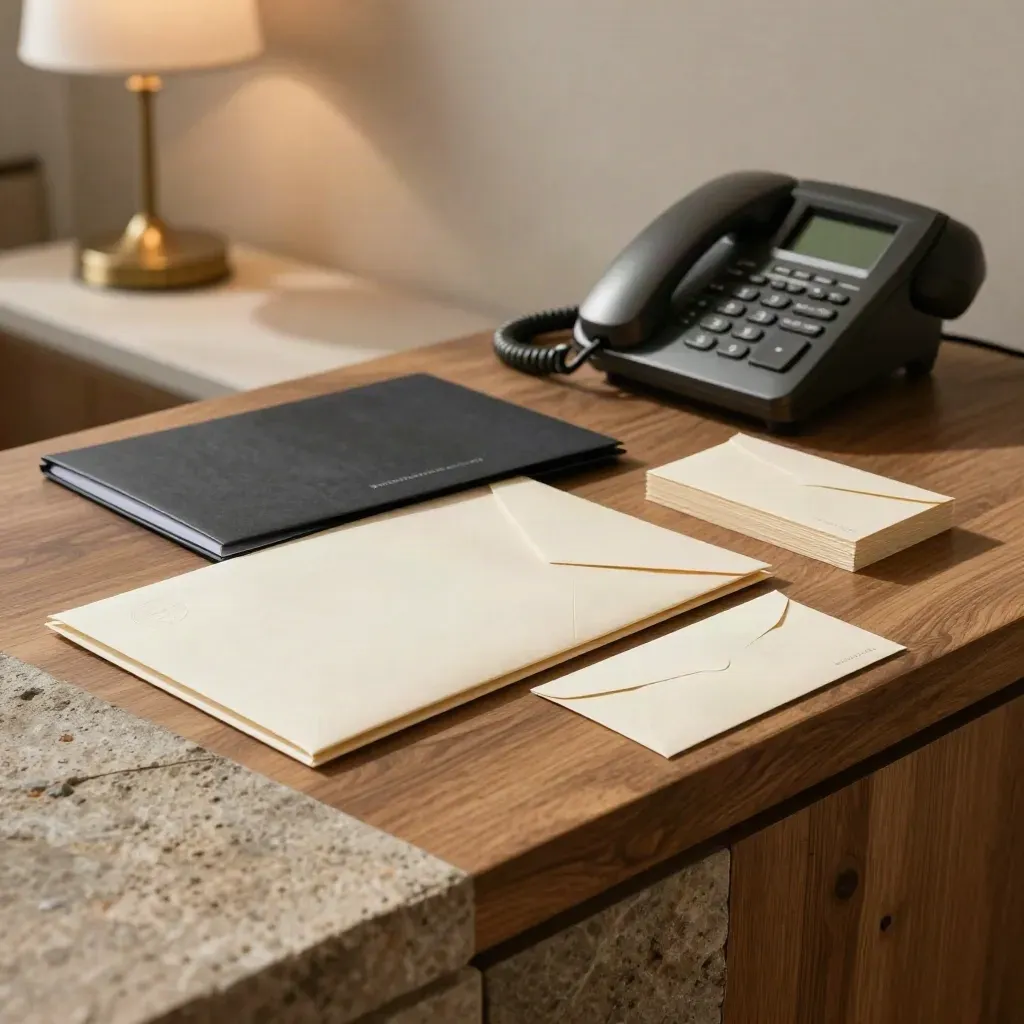 Sealed outreach envelopes, dark folder and docked phone on a stone sideboard in warm light.