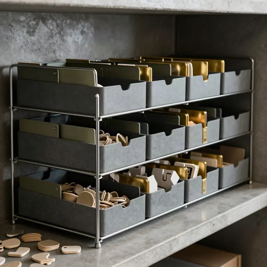 Steel coordination rack with muted tokens, bins and bands in a hazy office nook