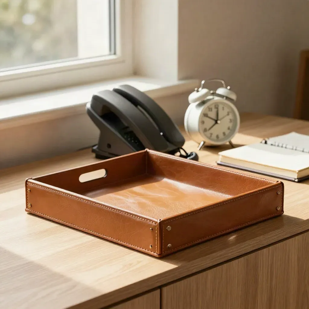 Leather inbox, desk phone, alarm clock and notebook on a sunlit oak credenza.
