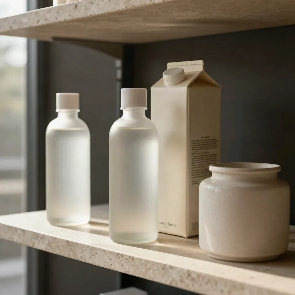 Simplified premium retail shelf with frosted bottles and cream boxes on pale stone.