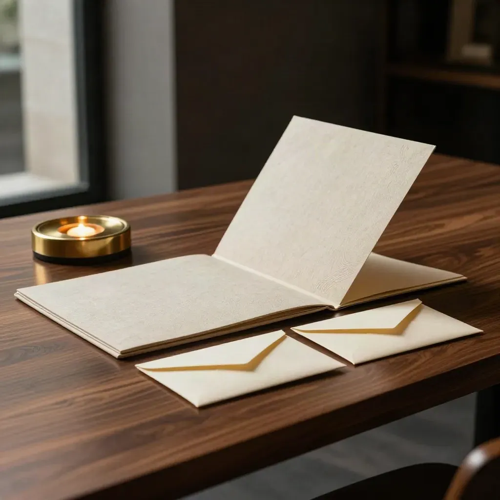 Face-down folders, sealed envelopes and a glowing phone cradle on a premium advisory table