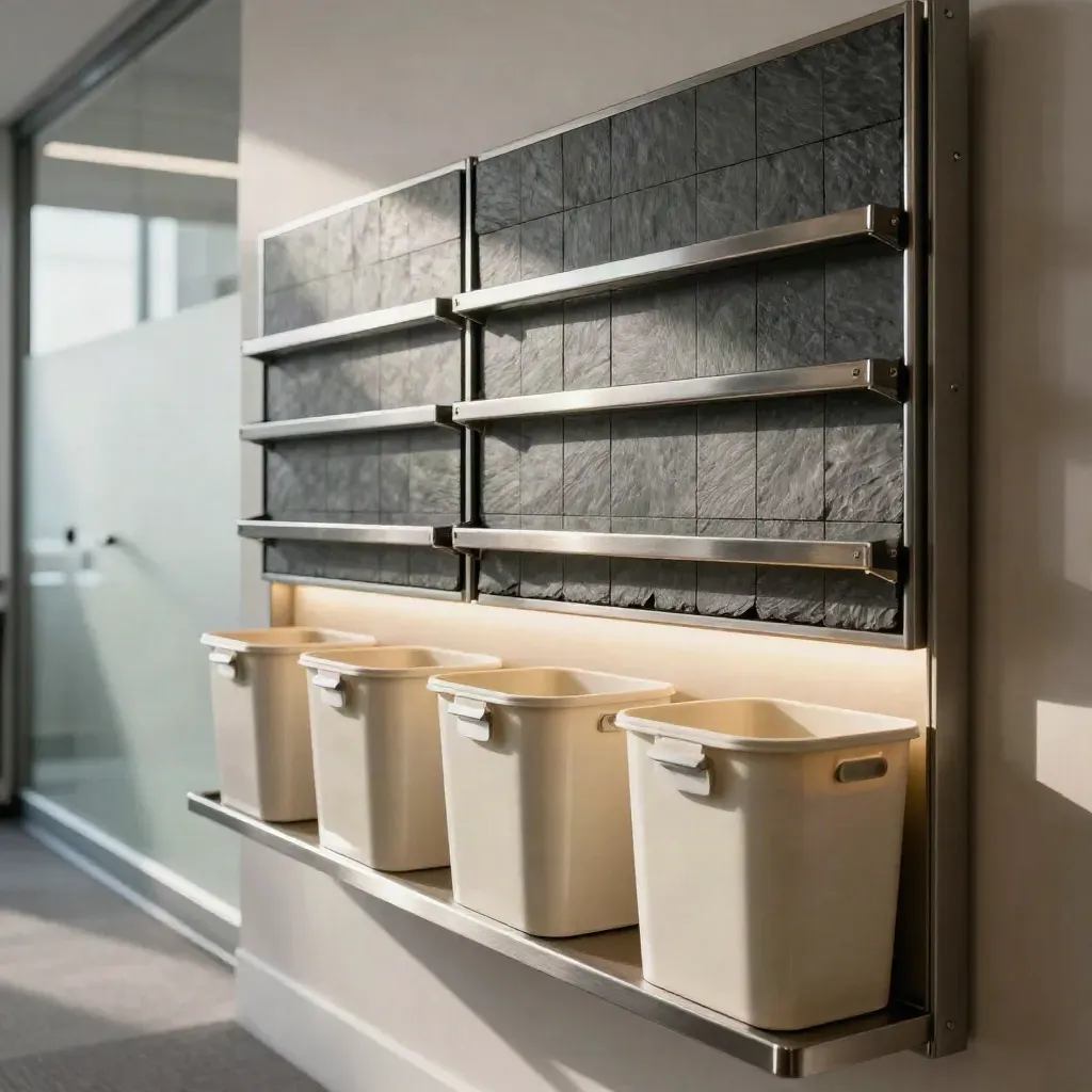 Compact operations wall with colour chips, clip rails and three tidy bins in a modern office.