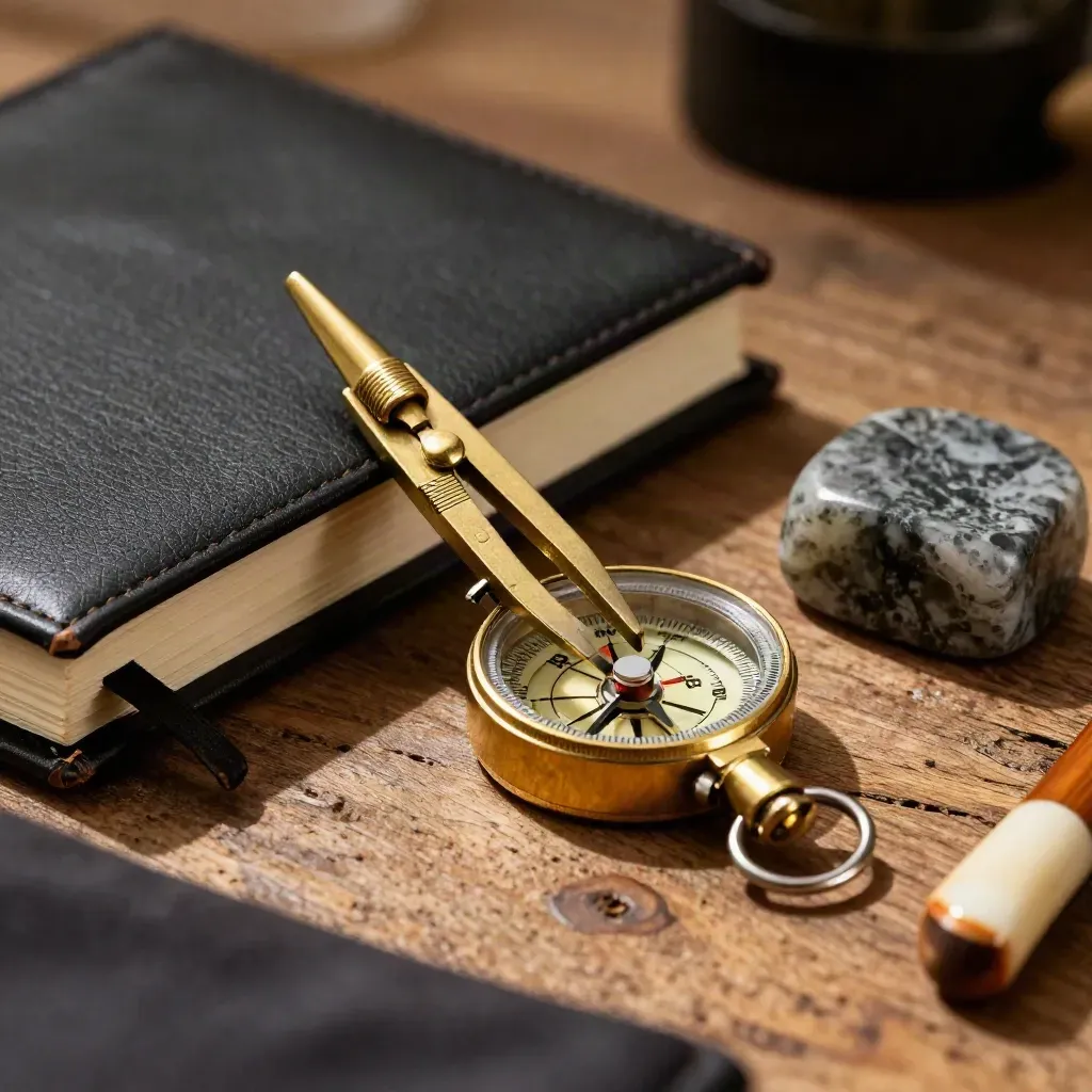 Brass compass, black notebook, bone folder and stone paperweight on weathered oak.