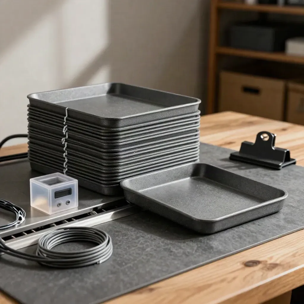 Graphite modular trays, cable ties, timer cube and clip block on a dark work surface