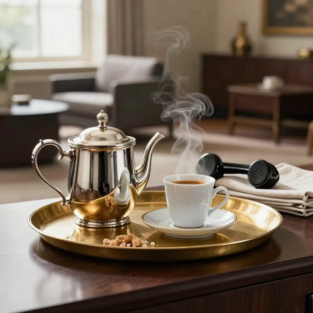 Tea service, espresso cup, brass tray and docked phone on a dark console