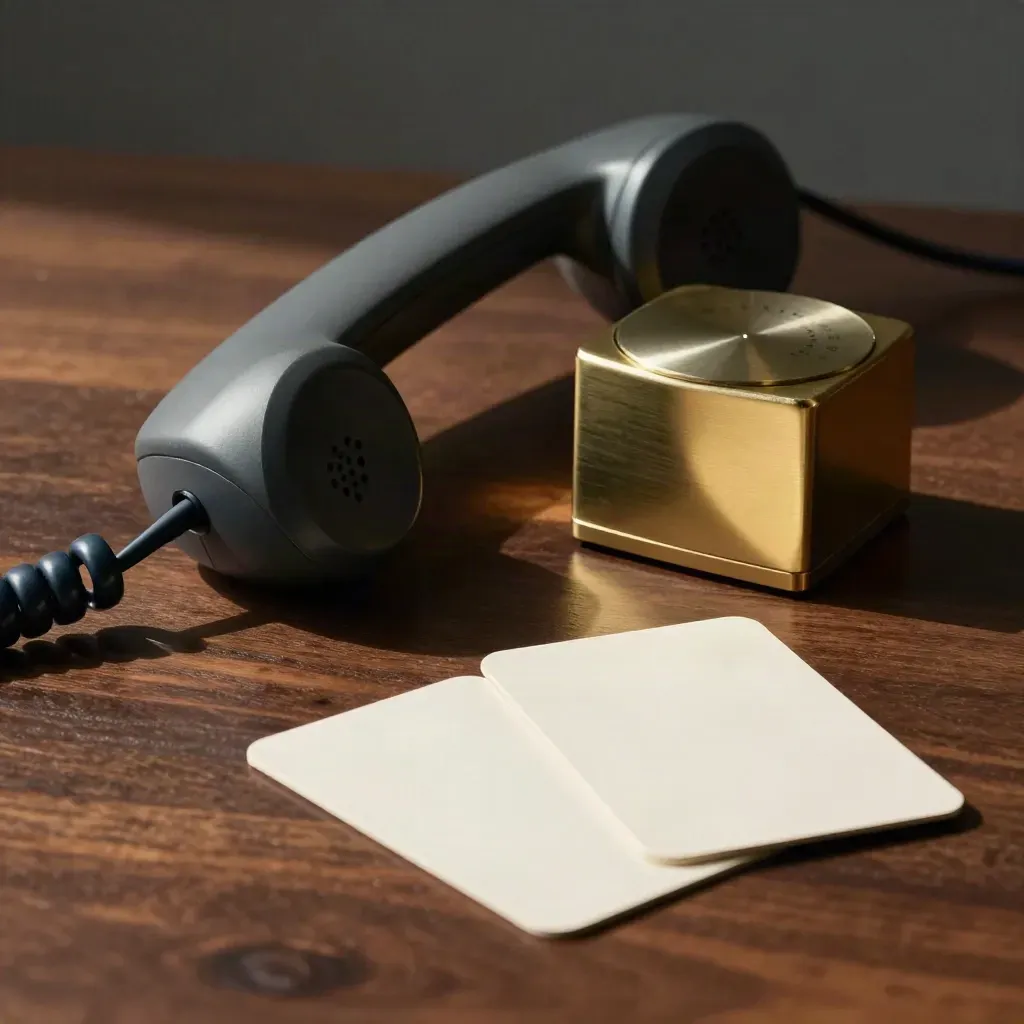 Desk handset, brass timer, and ivory cards on dark wood in soft side light.
