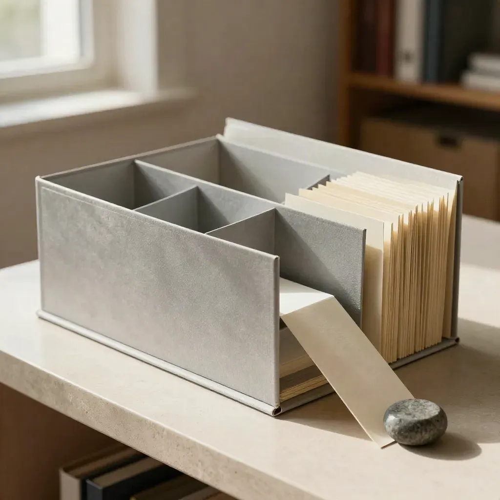 Open strategy folder, sample strip and stone paperweight on a plaster shelf in soft daylight.
