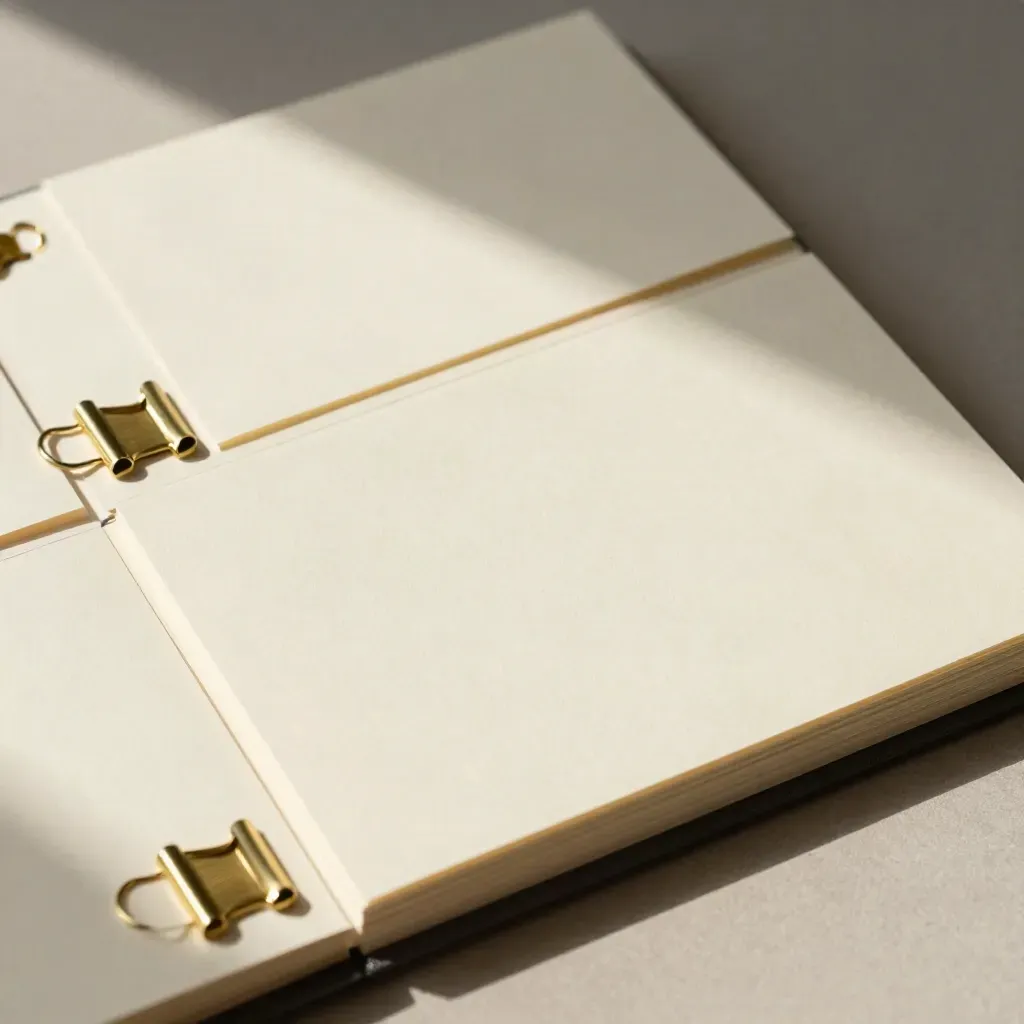Overhead cream cards, brass clips, and a slim binder spine arranged in a clean grid.
