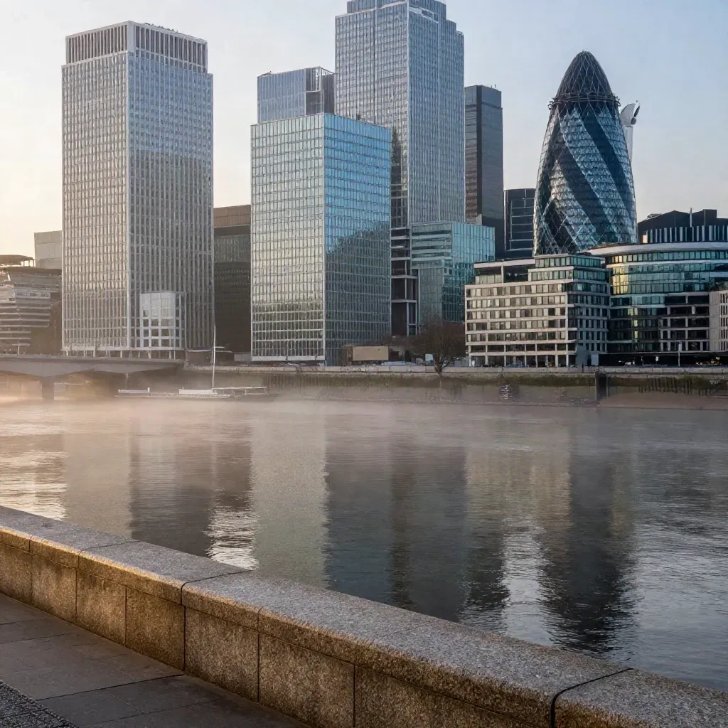 London skyline and Canary Wharf rising through dawn fog over the Thames