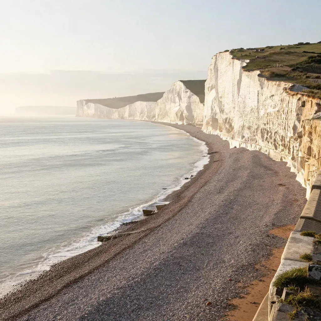 Bright sunrise on Brighton chalk cliffs and seawall above calm shingle and misty sea