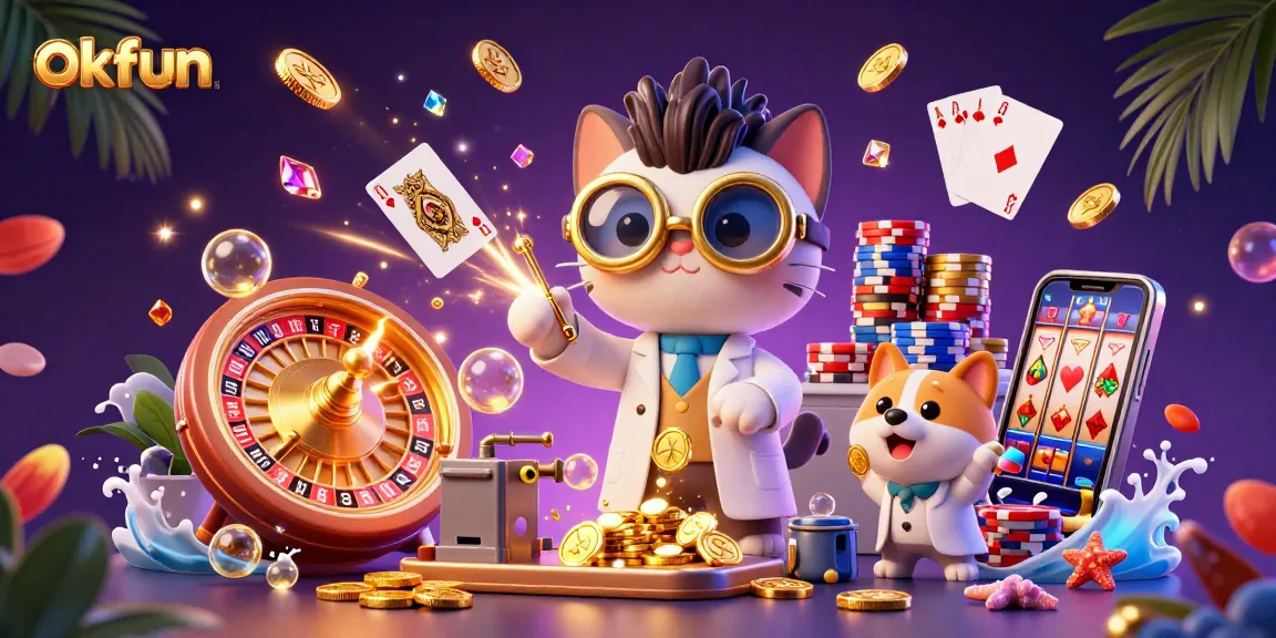 Experience thrilling gameplay at okfun with a dynamic scene of a mad scientist cat creating wealth in a vibrant casino atmosphere.