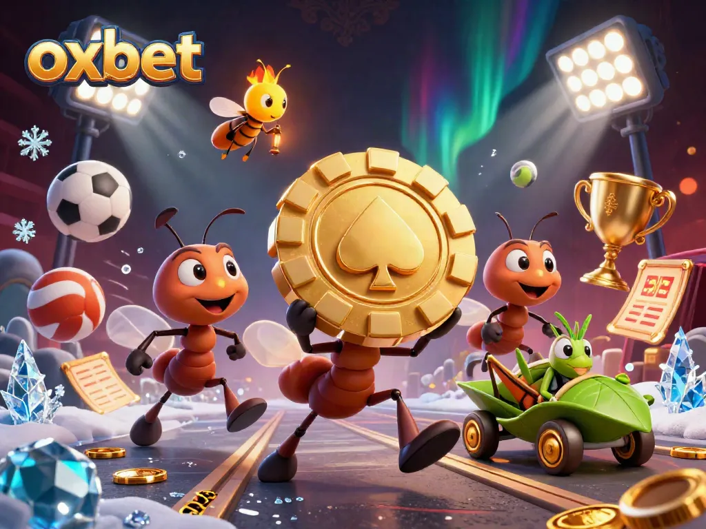 Experience exciting gaming action at oxbet with playful ants carrying a massive poker chip.