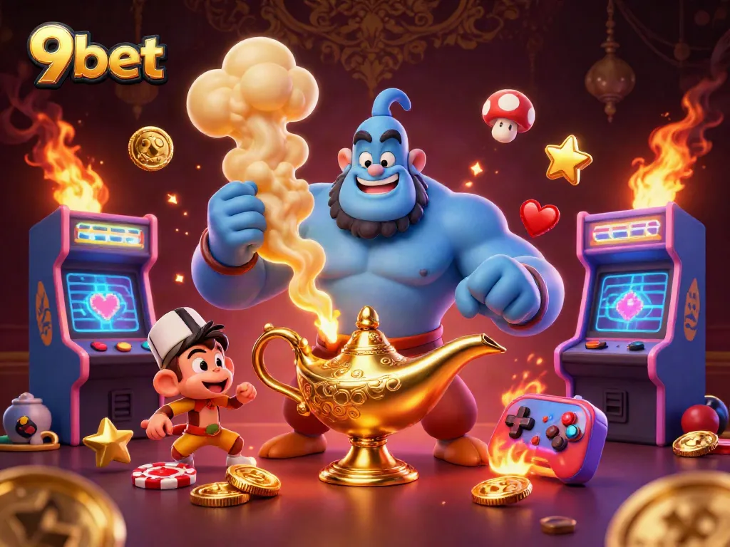 Experience the thrill of 9bet with a dynamic scene of a genie, monkey, and casino elements.