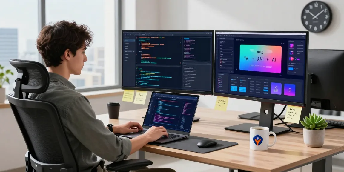 Workspace showcasing AI tools 2026 in a vibrant tech office with coding and innovative data visuals.